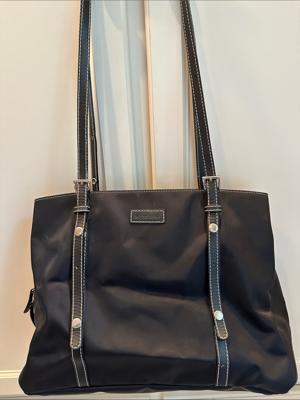 Storksak Black Nylon Tote with Contrast Stitching and Leather details